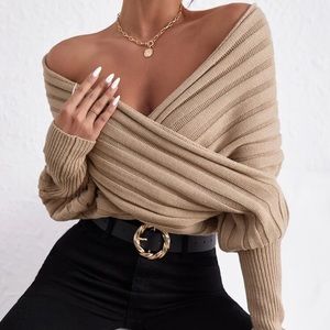 Elegant Tan Off-Shoulder Sweater